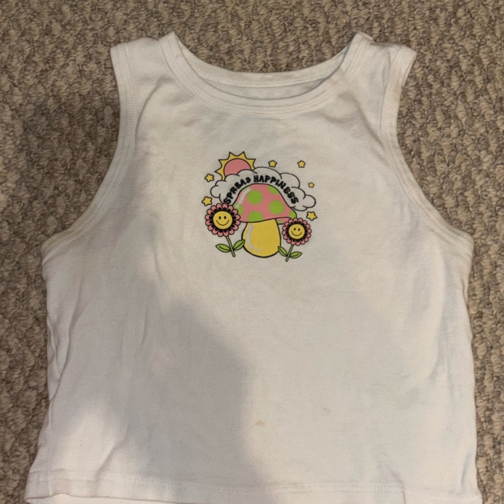 Sleeveless Top with Mushrooms and Embroidery Wording
